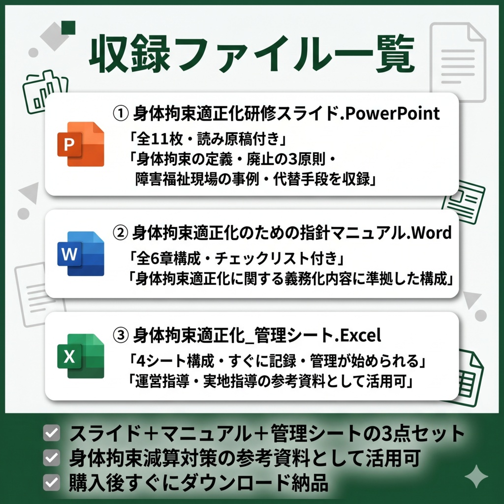 【障害福祉サービス事業所向け】身体拘束適正化研修セット スライド+指針マニュアル+管理シート|読み原稿付き| 身体拘束廃止の3原則|減算対策の参考資料|PowerPoint編集可