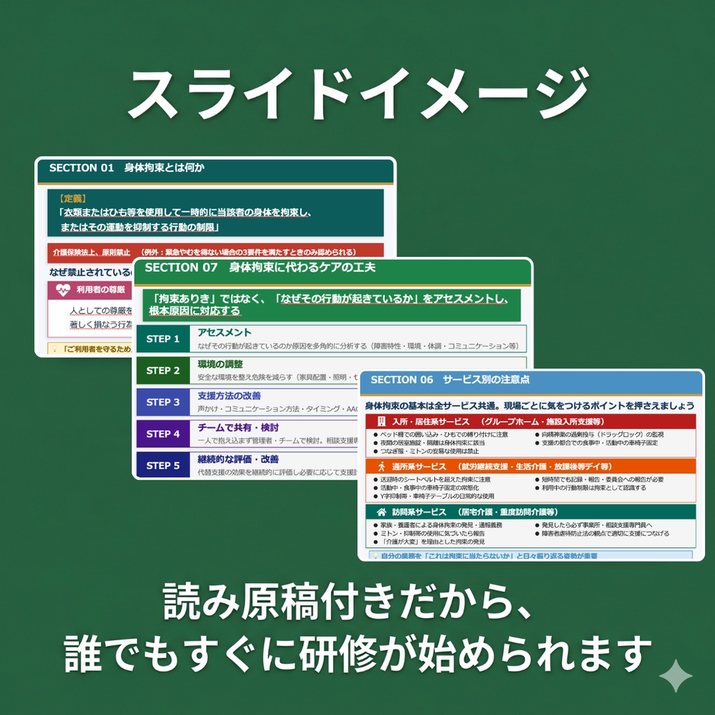【障害福祉サービス事業所向け】身体拘束適正化研修セット スライド+指針マニュアル+管理シート|読み原稿付き| 身体拘束廃止の3原則|減算対策の参考資料|PowerPoint編集可