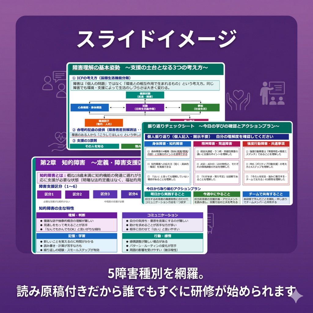 【障害福祉サービス事業所向け】障害特性の理解と支援研修 全22枚・5障害種別(知的・精神・身体・発達・強度行動障害)対応| 読み原稿+振り返りチェックシート付き編集可