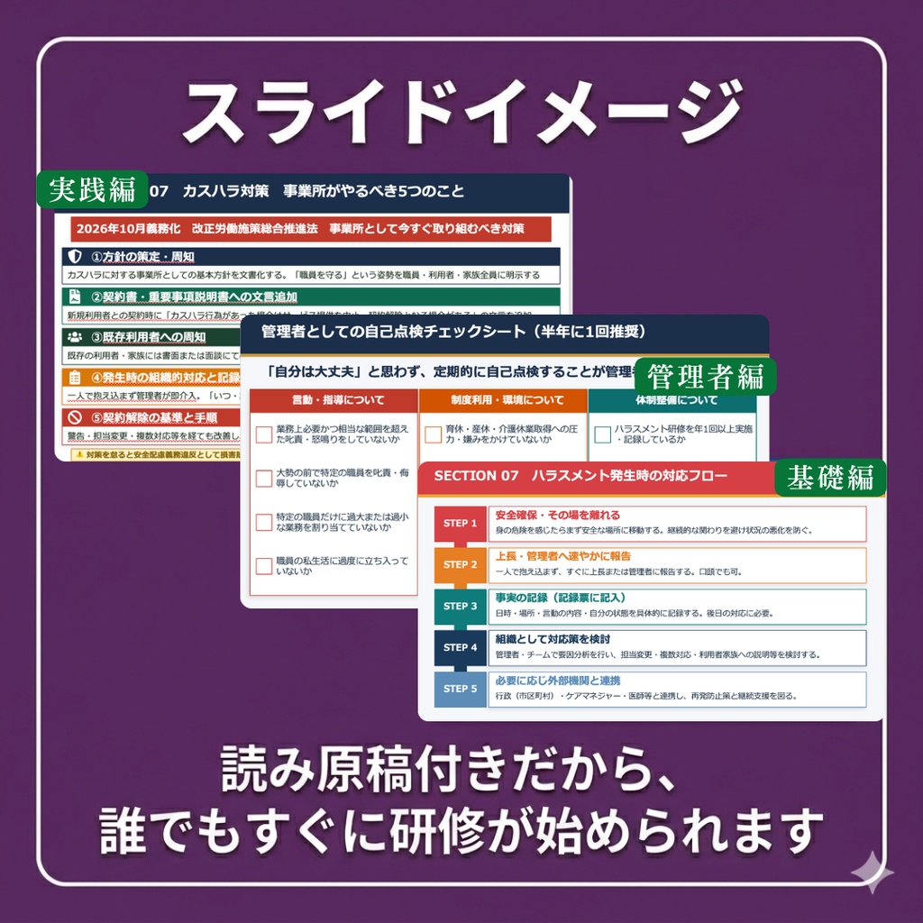 【訪問介護向け】ハラスメント対策研修セット|スライド3本+マニュアル|カスハラ義務化対応・読み原稿付き
