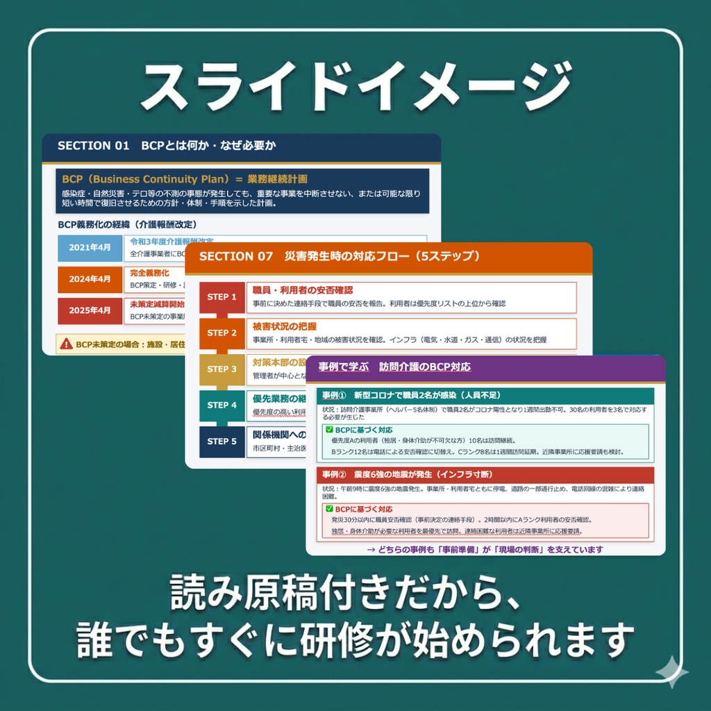 【訪問介護向け】BCP(業務継続計画)研修セット|スライド+マニュアル+管理シート