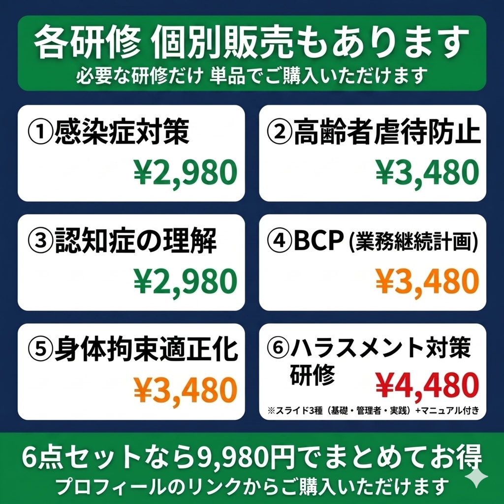 【令和8年度版】訪問介護事業所 法令必須研修 完全セット|感染症・虐待防止・ハラスメント・BCP・身体拘束・認知症|読み原稿付き