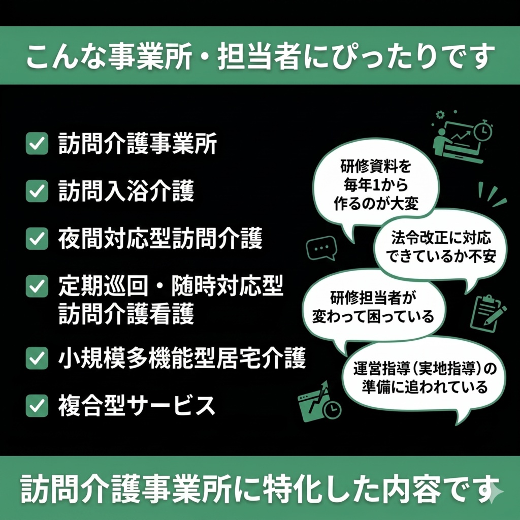 【令和8年度版】訪問介護事業所 法令必須研修 完全セット|感染症・虐待防止・ハラスメント・BCP・身体拘束・認知症|読み原稿付き