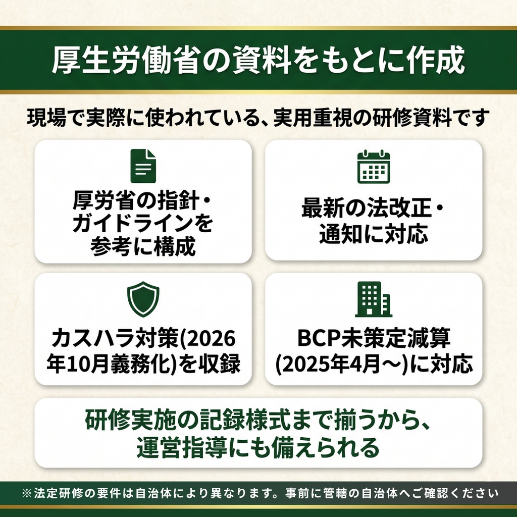 【介護施設】 毎月の研修 これ1つで1年分|法定研修×12ヶ月 完全セット|感染症・虐待防止・ハラスメント(カスハラ対応)・BCP・身体拘束・認知症・接遇・リスクマネジメントほか|全スライド読み原稿付き|特養・老健・有料・デイ・GH対応