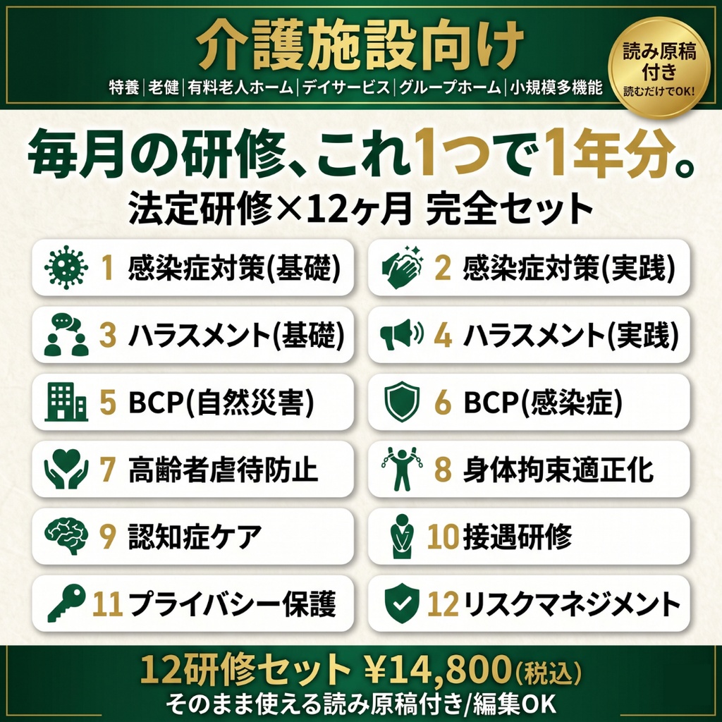 【介護施設】 毎月の研修 これ1つで1年分|法定研修×12ヶ月 完全セット|感染症・虐待防止・ハラスメント(カスハラ対応)・BCP・身体拘束・認知症・接遇・リスクマネジメントほか|全スライド読み原稿付き|特養・老健・有料・デイ・GH対応