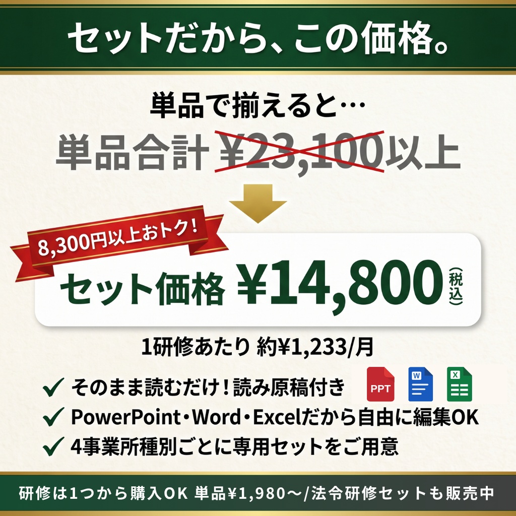 【介護施設】 毎月の研修 これ1つで1年分|法定研修×12ヶ月 完全セット|感染症・虐待防止・ハラスメント(カスハラ対応)・BCP・身体拘束・認知症・接遇・リスクマネジメントほか|全スライド読み原稿付き|特養・老健・有料・デイ・GH対応