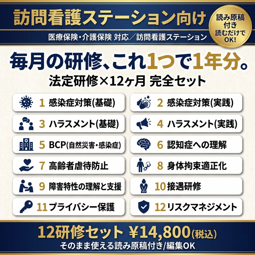 訪問看護ステーション 毎月の研修 これ1つで1年分｜法定研修×12ヶ月 完全セット｜感染症・虐待防止・ハラスメント(カスハラ対応)・BCP・身体拘束・認知症・障害特性・接遇ほか｜全スライド読み原稿付き｜医療保険・介護保険対応