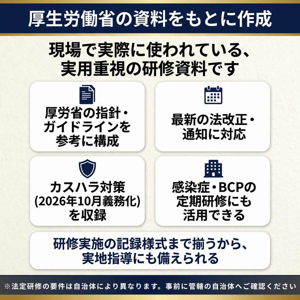 訪問看護ステーション 毎月の研修 これ1つで1年分|法定研修×12ヶ月 完全セット|感染症・虐待防止・ハラスメント(カスハラ対応)・BCP・身体拘束・認知症・障害特性・接遇ほか|全スライド読み原稿付き|医療保険・介護保険対応