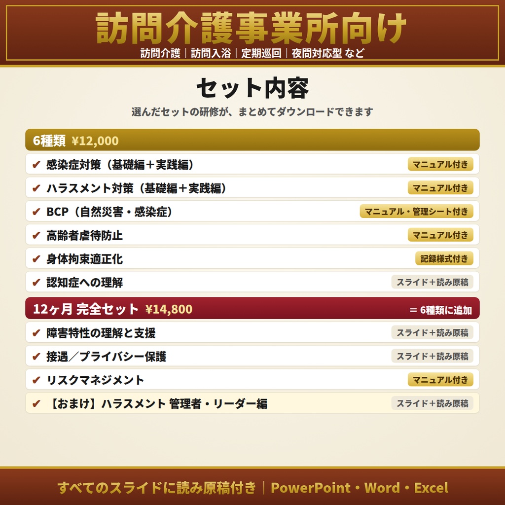 【訪問介護】法定研修セット|6種類・12ヶ月から選べる|感染症・虐待防止・身体拘束・BCP・ハラスメント(カスハラ対応)・認知症・障害特性ほか|全スライド読み原稿付き|訪問介護・定期巡回・夜間対応型対応