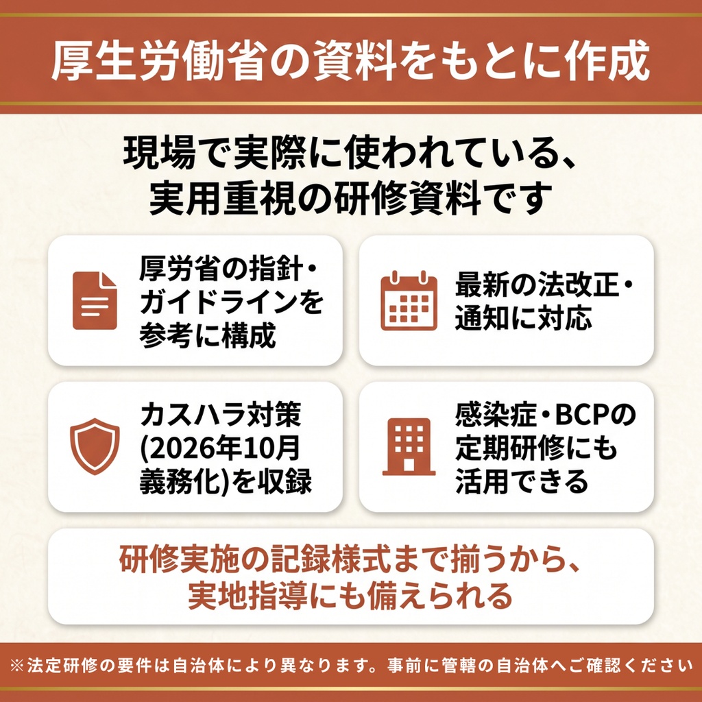 【訪問介護事業所】毎月の研修 これ1つで1年分|法定研修×12ヶ月 完全セット|感染症・虐待防止・ハラスメント(カスハラ対応)・BCP・身体拘束・認知症・障害特性・接遇ほか|全スライド読み原稿付き|訪問介護・定期巡回・夜間対応型対応