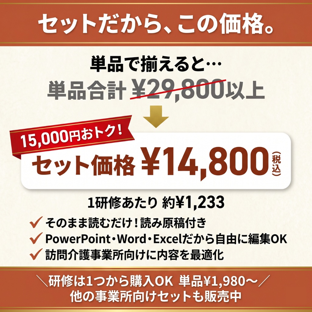 【訪問介護事業所】毎月の研修 これ1つで1年分|法定研修×12ヶ月 完全セット|感染症・虐待防止・ハラスメント(カスハラ対応)・BCP・身体拘束・認知症・障害特性・接遇ほか|全スライド読み原稿付き|訪問介護・定期巡回・夜間対応型対応