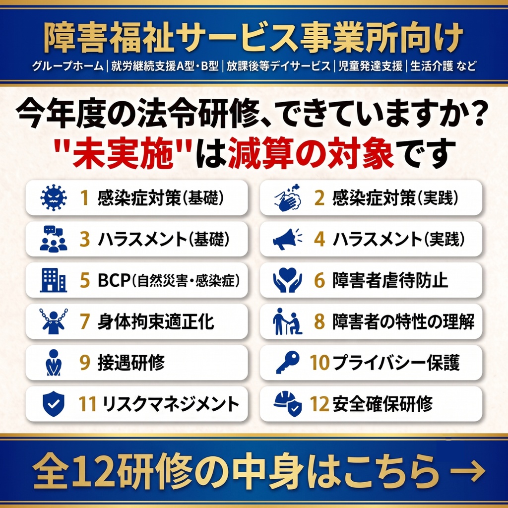 【障害福祉サービス事業所】 毎月の研修 これ1つで1年分|法定研修×12ヶ月 完全セット|感染症・障害者虐待防止・ハラスメント(カスハラ対応)・BCP・身体拘束・障害特性・安全確保ほか|全スライド読み原稿付き|児発・放デイ・就労・GH・生活介護対応