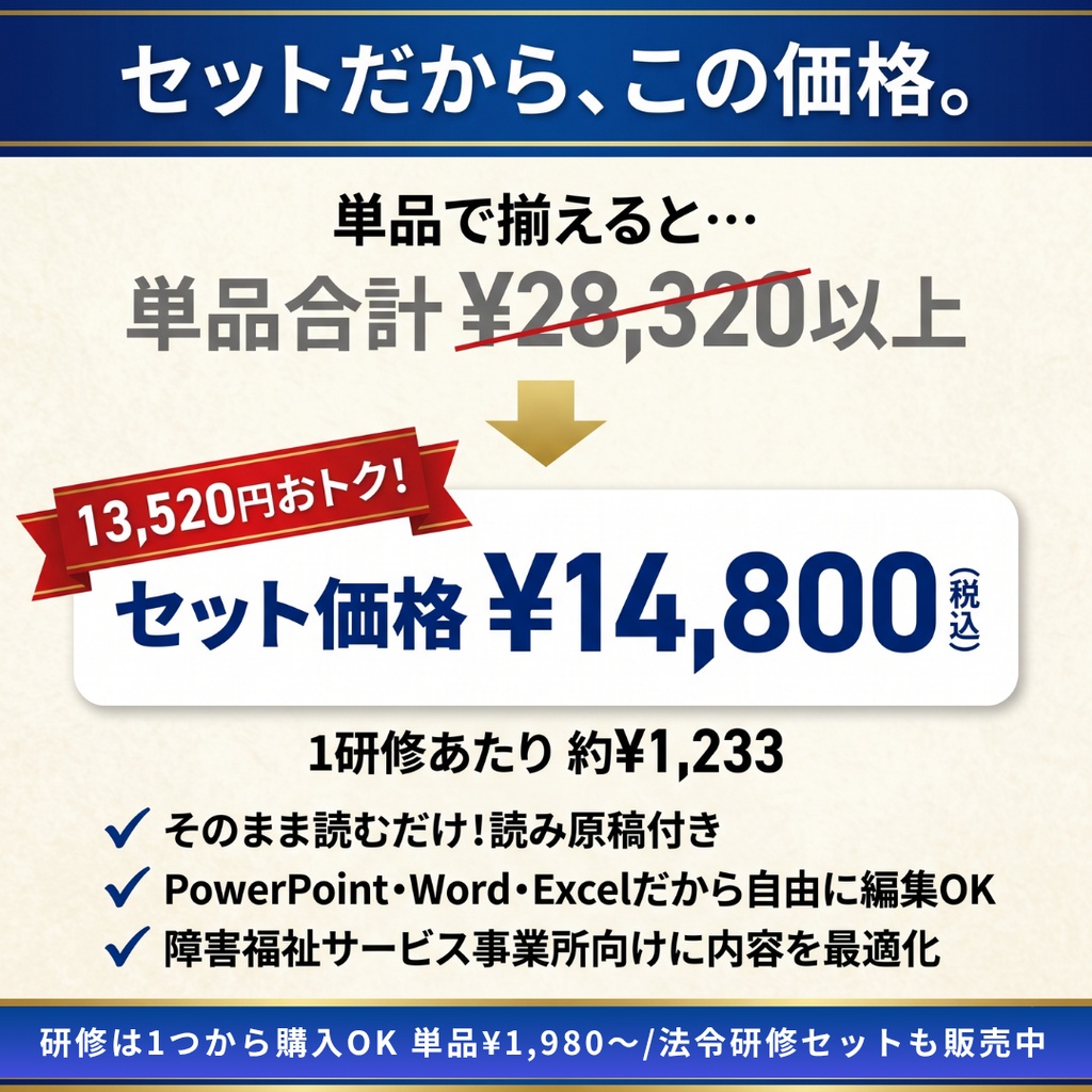 【障害福祉サービス事業所】 毎月の研修 これ1つで1年分|法定研修×12ヶ月 完全セット|感染症・障害者虐待防止・ハラスメント(カスハラ対応)・BCP・身体拘束・障害特性・安全確保ほか|全スライド読み原稿付き|児発・放デイ・就労・GH・生活介護対応