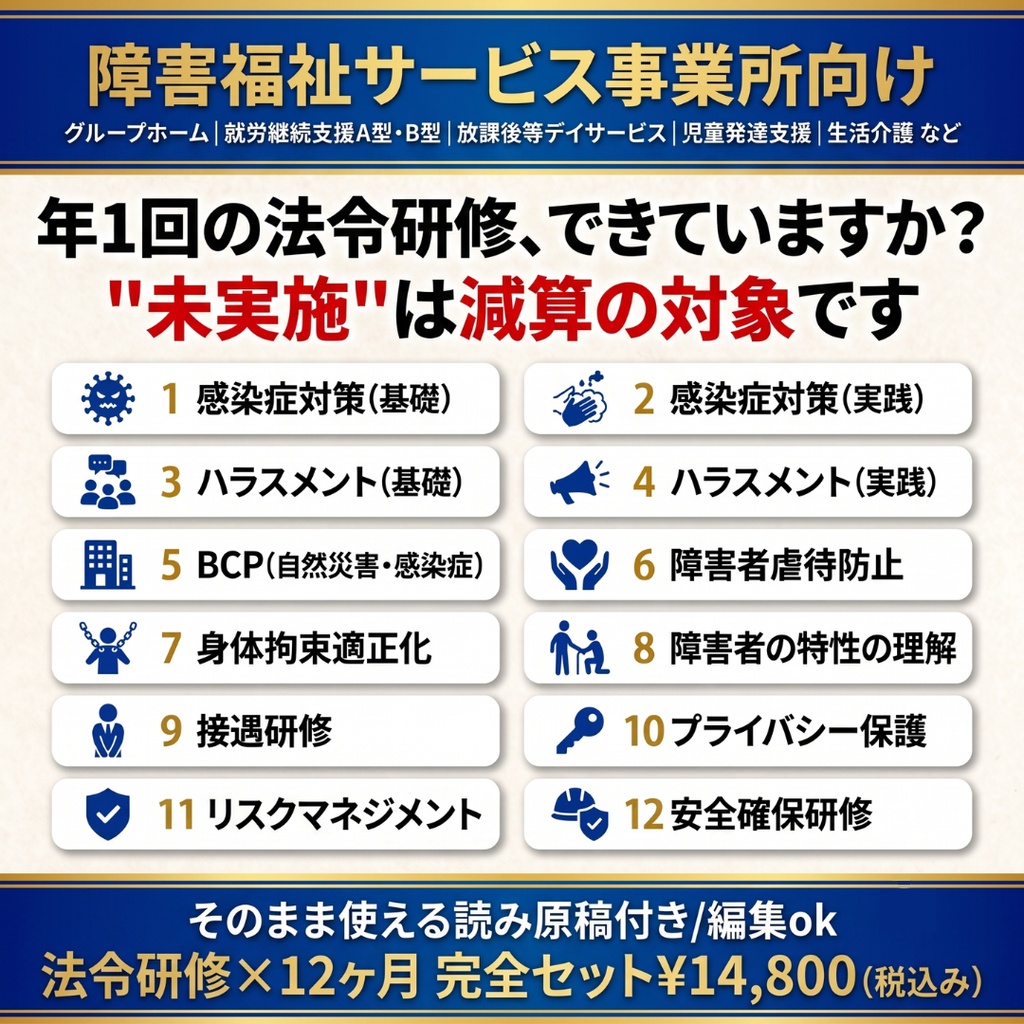【障害福祉サービス事業所】 毎月の研修 これ1つで1年分｜法定研修×12ヶ月 完全セット｜感染症・障害者虐待防止・ハラスメント(カスハラ対応)・BCP・身体拘束・障害特性・安全確保ほか｜全スライド読み原稿付き｜児発・放デイ・就労・GH・生活介護対応