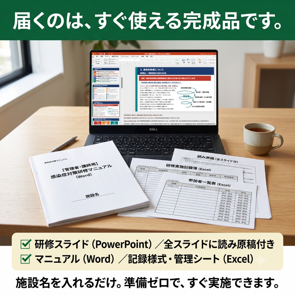 【介護施設】法定研修 必須4テーマセット|身体拘束・虐待防止・感染症・BCP|減算対策に|全スライド読み原稿つき|マニュアル・記録様式付き|特養・老健・介護医療院・特定施設・GH対応