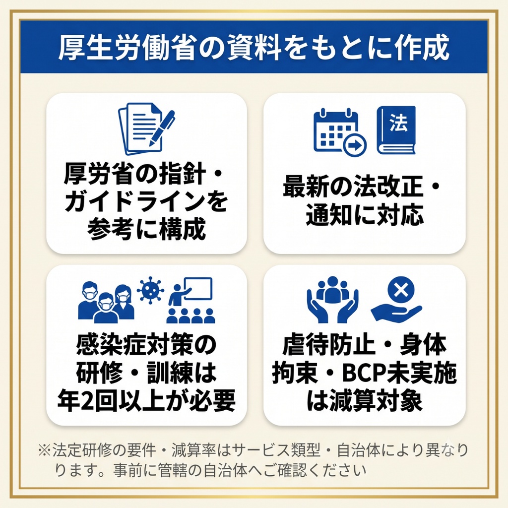 【障害福祉サービス】法定研修 必須4テーマセット|身体拘束・障害者虐待防止・感染症・BCP|減算対策に|全スライド読み原稿つき|マニュアル・記録様式付き|就労A/B・生活介護・放デイ・児発対応