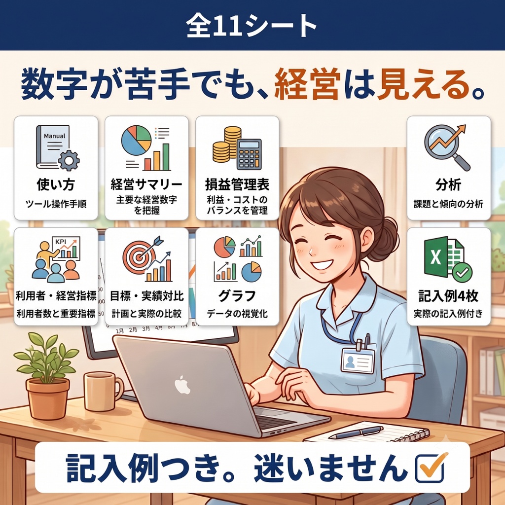 【訪問看護】収支管理表エクセル|毎月5分で経営が見える|損益・利用者数・目標管理・損益分岐点・グラフ|数字が苦手でも使える