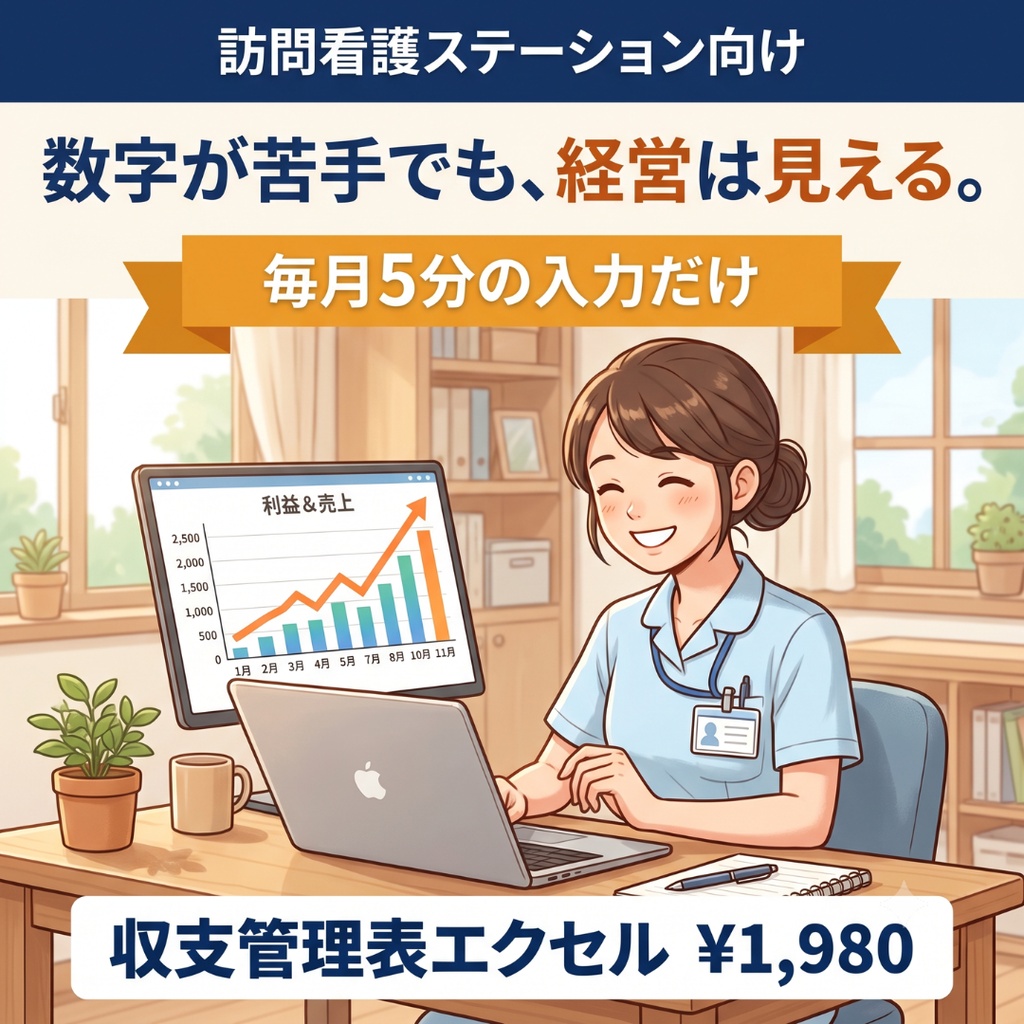 【訪問看護】収支管理表エクセル｜毎月5分で経営が見える｜損益・利用者数・目標管理・損益分岐点・グラフ｜数字が苦手でも使える