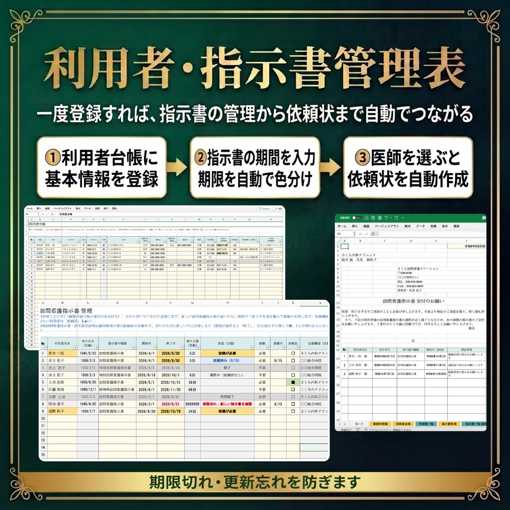 【訪問看護】開業スターターパック|指定申請・契約・労務・資金計画・運営管理の書類とExcel 25種類|記入例つき
