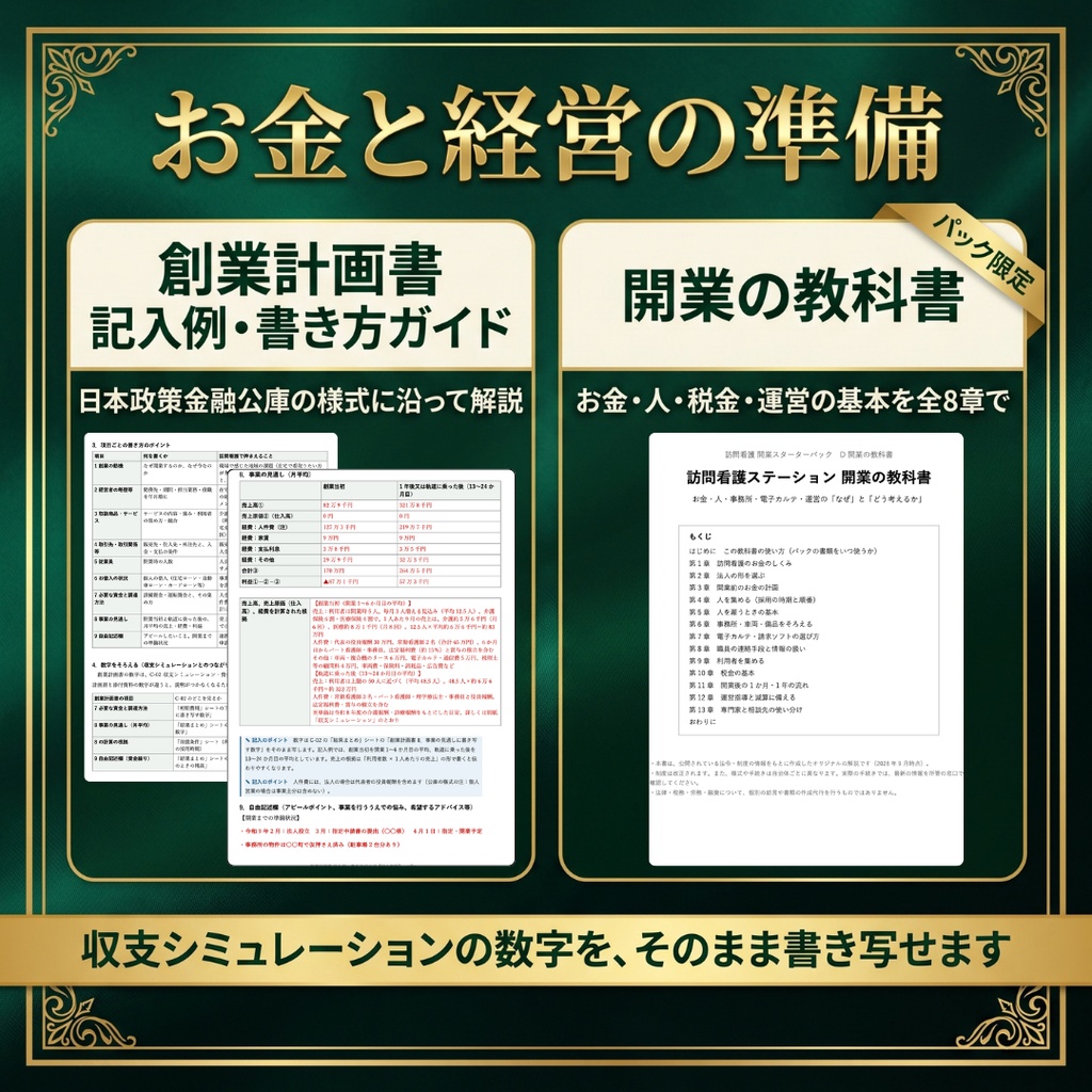 【訪問看護】開業スターターパック|指定申請・契約・労務・資金計画・運営管理の書類とExcel 25種類|記入例つき
