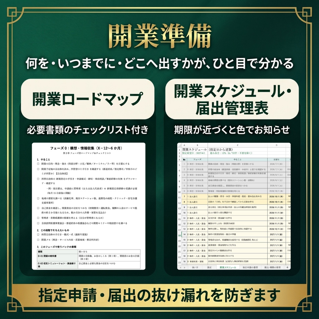 【訪問看護】開業スターターパック|指定申請・契約・労務・資金計画・運営管理の書類とExcel 25種類|記入例つき