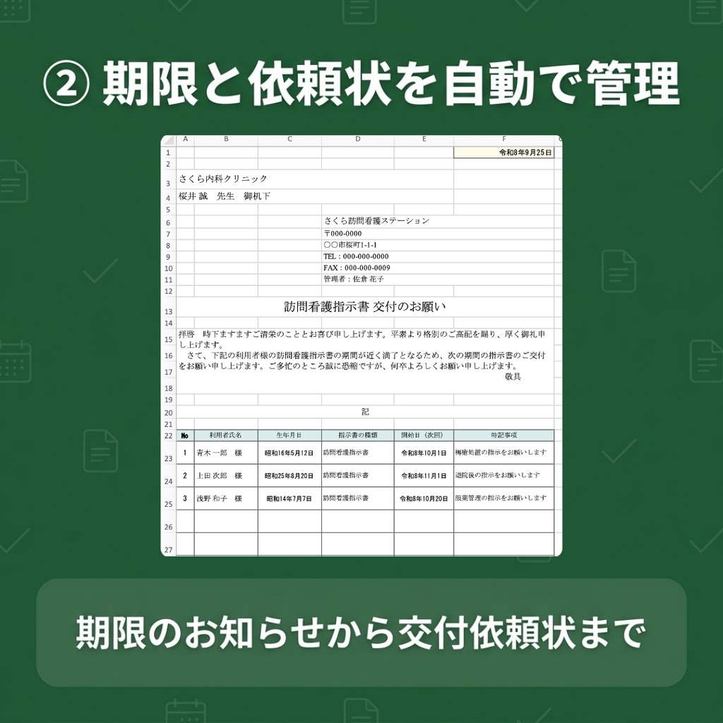 【訪問看護】利用者・指示書管理表(連動版)|利用者台帳と指示書管理がつながる・交付依頼状も自動|Excel・Googleスプレッドシート