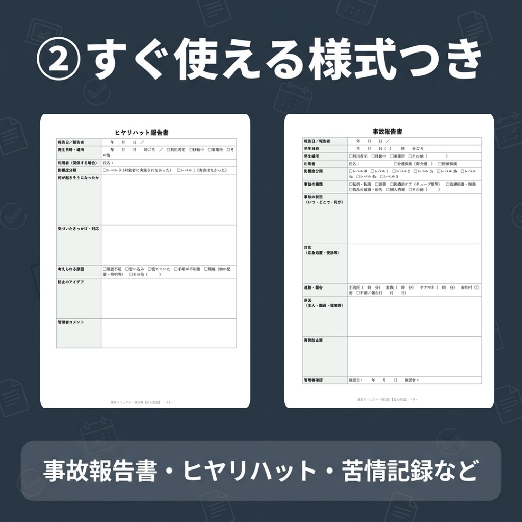 【訪問看護】運営マニュアル・様式集|緊急時・事故対応マニュアル、個人情報保護規程、事故報告書・ヒヤリハット・苦情記録などの様式|Word