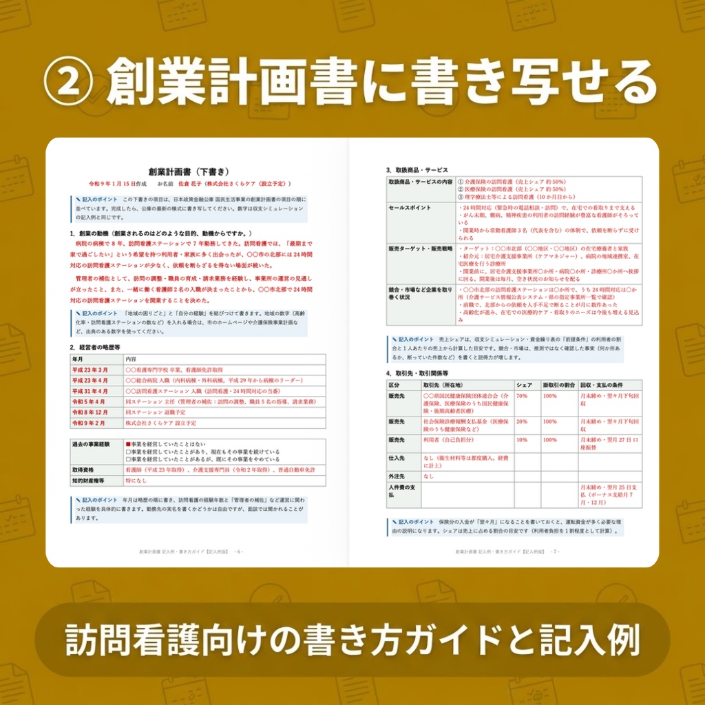 【訪問看護】開業資金セット|創業計画書の書き方ガイド・記入例+収支シミュレーション・資金繰り表Excel|融資の準備に