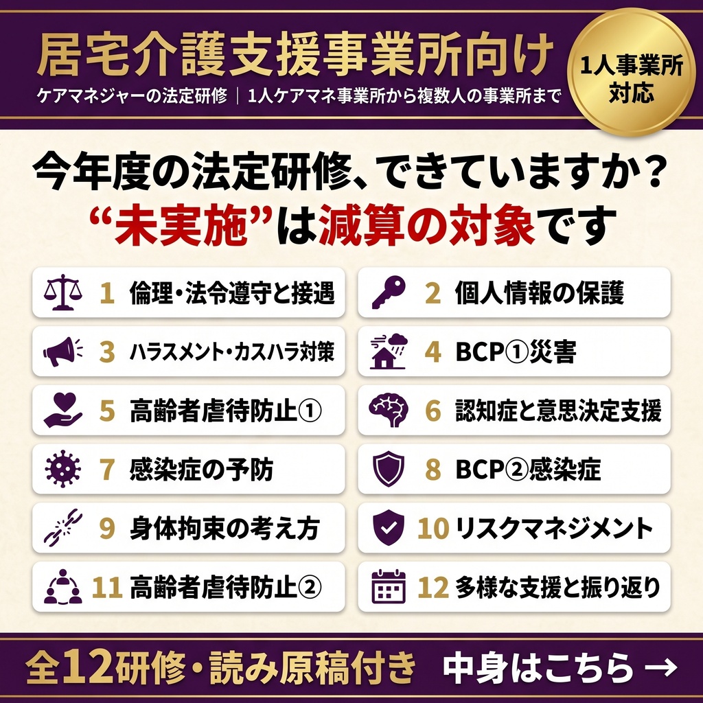 【ケアマネ・居宅介護支援】法定研修12ヶ月セット|1人ケアマネ事業所対応|高齢者虐待防止・BCP・感染症・身体拘束・ハラスメント(カスハラ対応)・認知症と意思決定支援ほか全12研修|全スライド読み原稿付き|研修計画表・記録簿・指針ひな形つき