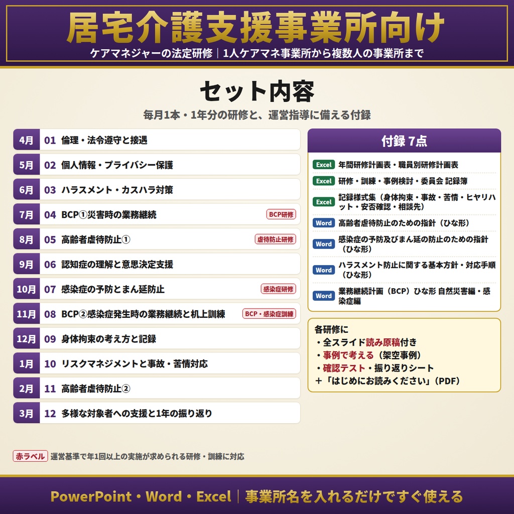 【ケアマネ・居宅介護支援】法定研修12ヶ月セット|1人ケアマネ事業所対応|高齢者虐待防止・BCP・感染症・身体拘束・ハラスメント(カスハラ対応)・認知症と意思決定支援ほか全12研修|全スライド読み原稿付き|研修計画表・記録簿・指針ひな形つき