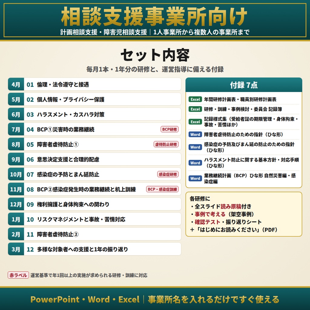 【相談支援事業所】法定研修12ヶ月セット|1人事業所対応|障害者虐待防止・BCP・感染症・意思決定支援・権利擁護・ハラスメント(カスハラ対応)ほか全12研修|全スライド読み原稿付き|計画相談・障害児相談支援|研修計画表・記録簿・指針ひな形つき