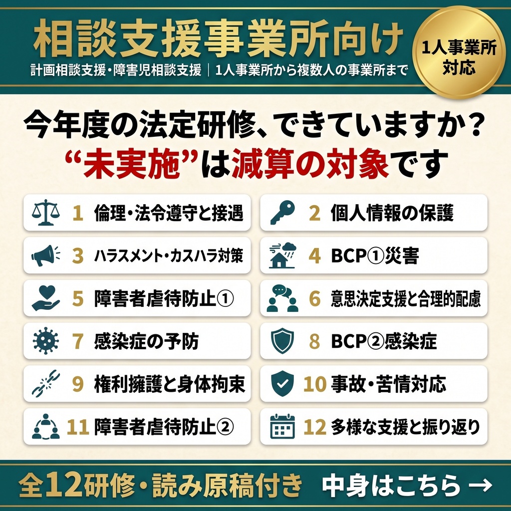 【相談支援事業所】法定研修12ヶ月セット|1人事業所対応|障害者虐待防止・BCP・感染症・意思決定支援・権利擁護・ハラスメント(カスハラ対応)ほか全12研修|全スライド読み原稿付き|計画相談・障害児相談支援|研修計画表・記録簿・指針ひな形つき