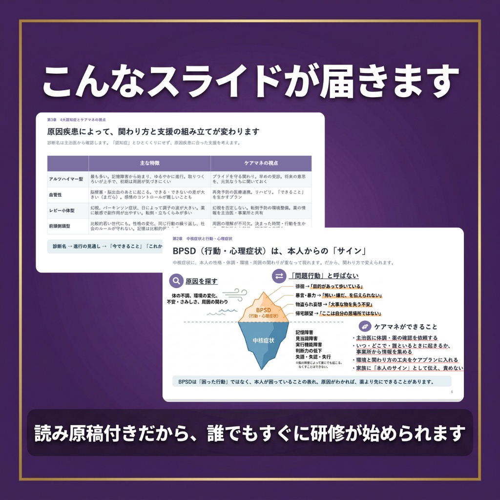 【ケアマネ・居宅介護支援】認知症の理解と意思決定支援研修|BPSD・4大認知症|スライド16枚・全スライド読み原稿付き|1人ケアマネ事業所対応|研修記録簿つき