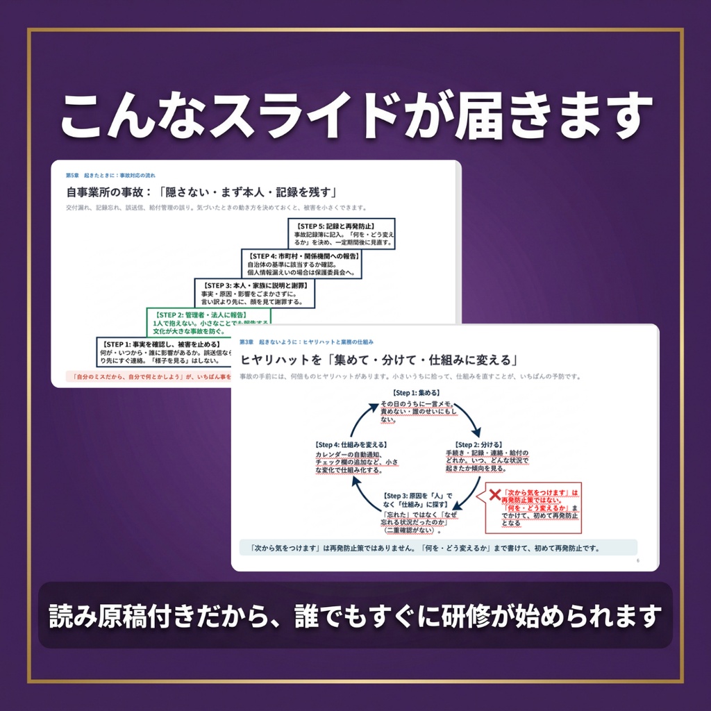 【ケアマネ・居宅介護支援】リスクマネジメントと事故・苦情対応研修|ヒヤリハット|スライド15枚・全スライド読み原稿付き|1人ケアマネ事業所対応|記録様式つき
