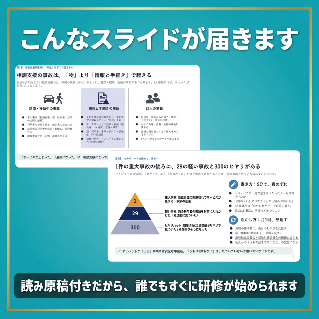 【相談支援事業所】リスクマネジメントと事故・苦情対応研修|受給者証の期限切れ・ヒヤリハット|スライド14枚・全スライド読み原稿付き|1人事業所対応|記録様式つき