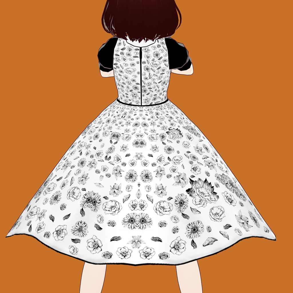 黒の花柄のモデルの白いドレス - White dress with black floral print