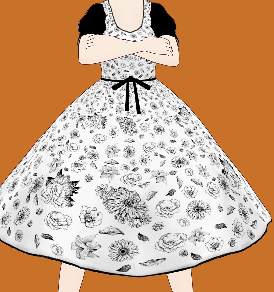 黒の花柄のモデルの白いドレス - White dress with black floral print