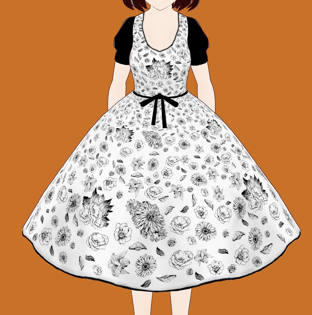 黒の花柄のモデルの白いドレス - White dress with black floral print