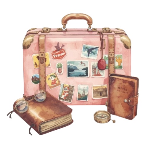 【ピンク旅行シリーズ】水彩アンティーク風クリップアート12点セット