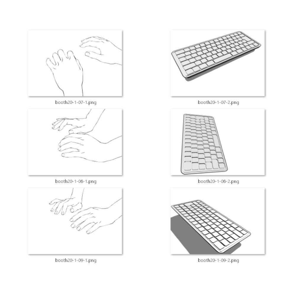 20.様々なアングルからのタイピングする手・マウスを使う手・3Dキーボード【イラスト・漫画用素材】無料サンプルあります