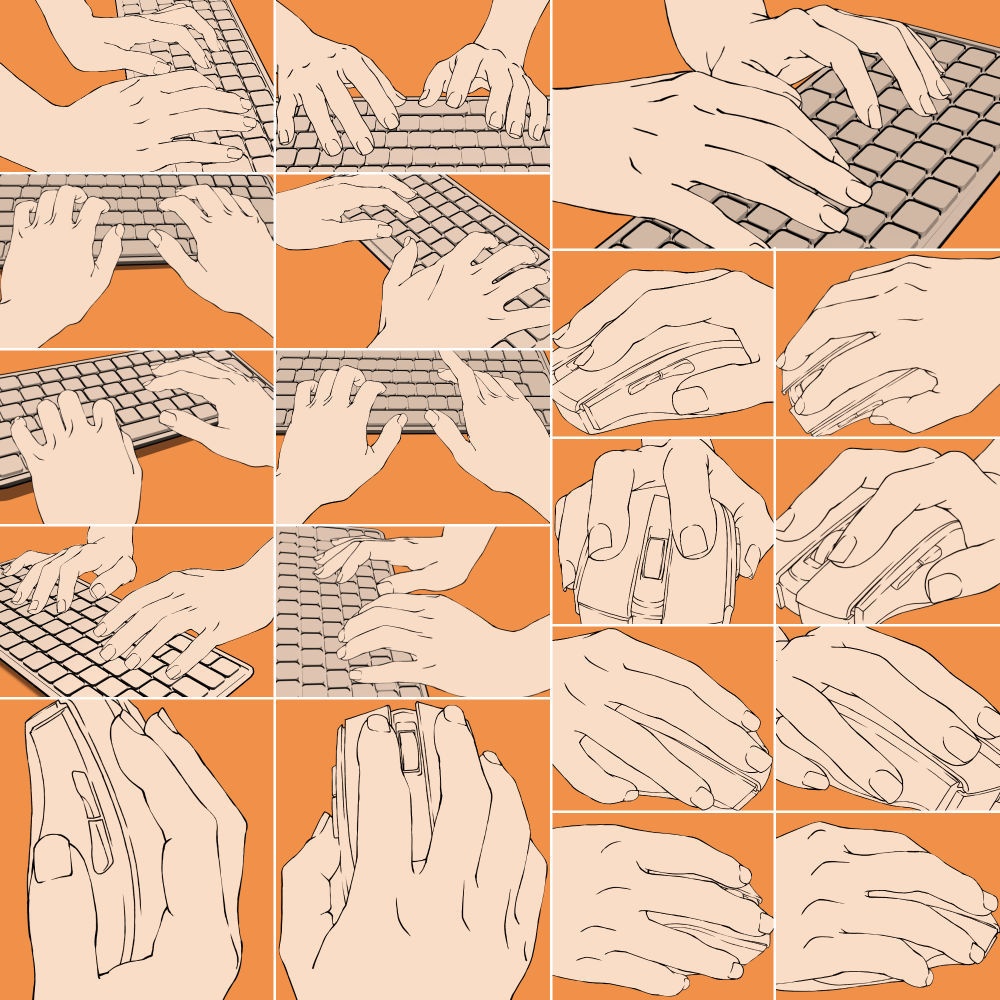 20.様々なアングルからのタイピングする手・マウスを使う手・3Dキーボード【イラスト・漫画用素材】無料サンプルあります