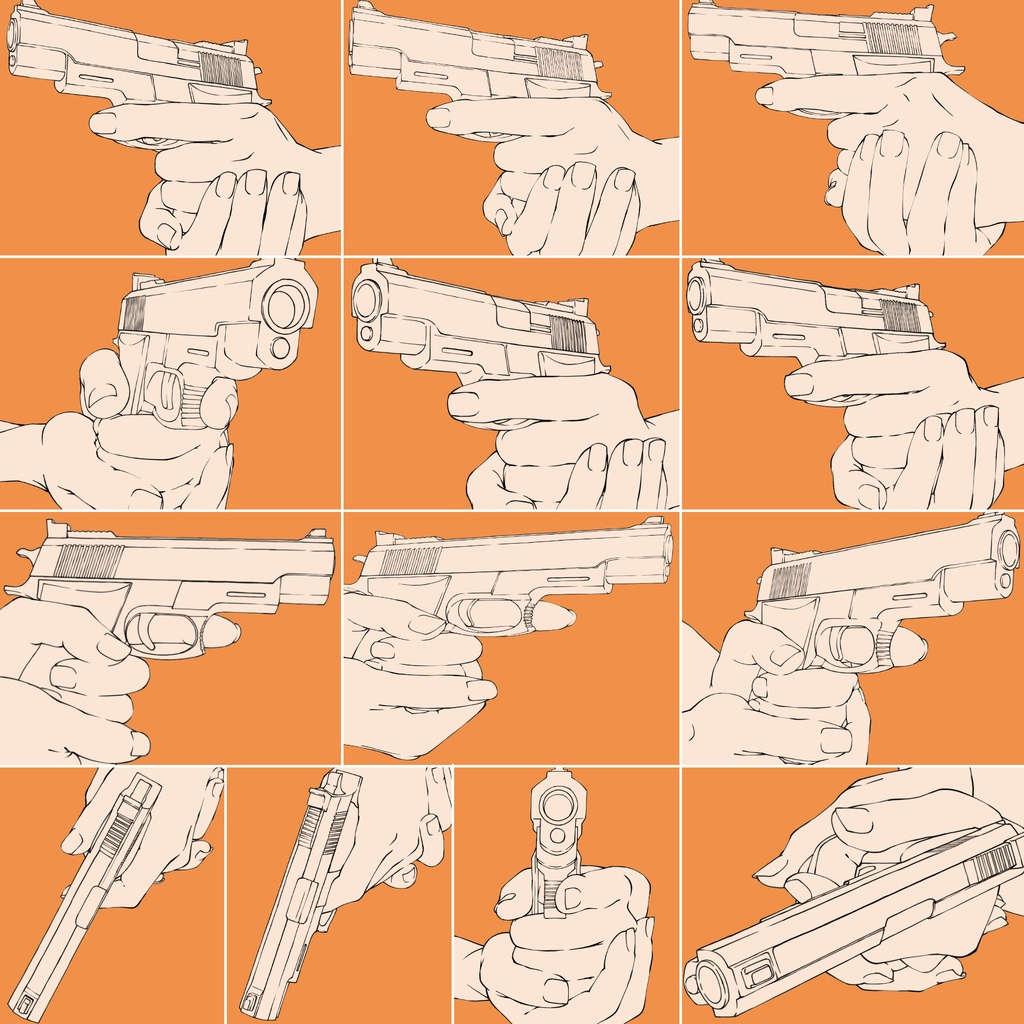 35.様々なアングルからの銃と手【イラスト・漫画用素材】無料サンプルあります