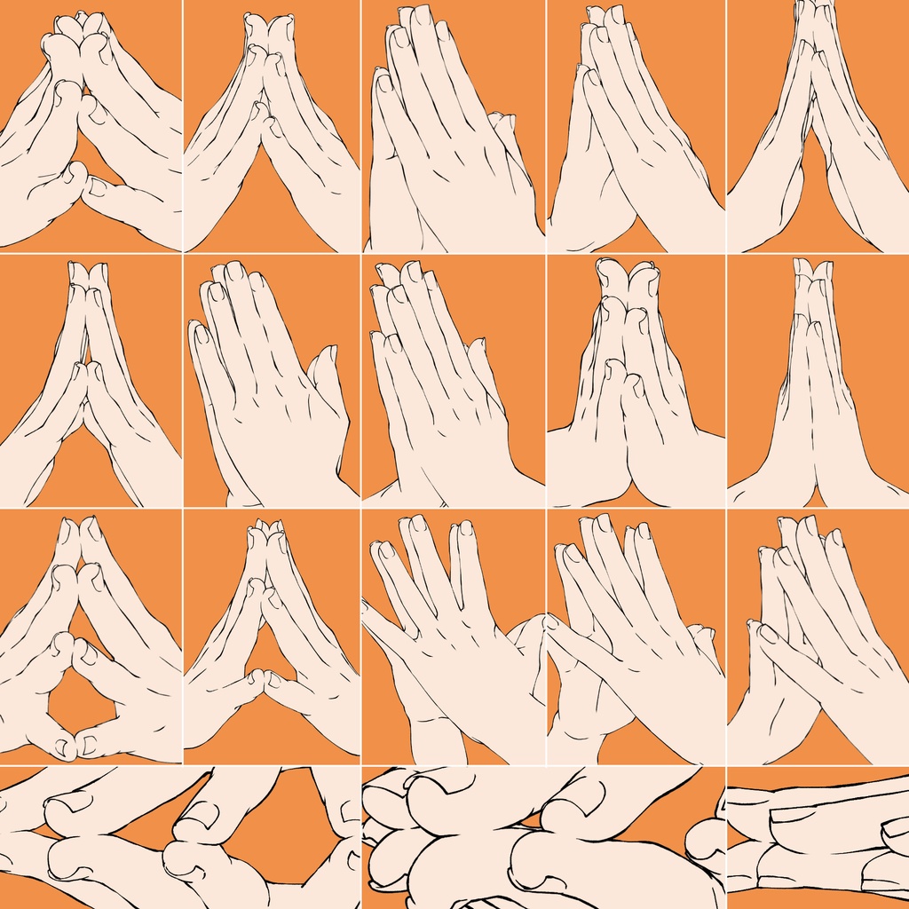 39.様々なアングルからの指先・手のひらを合わせた手【イラスト・漫画用素材】無料サンプルあります