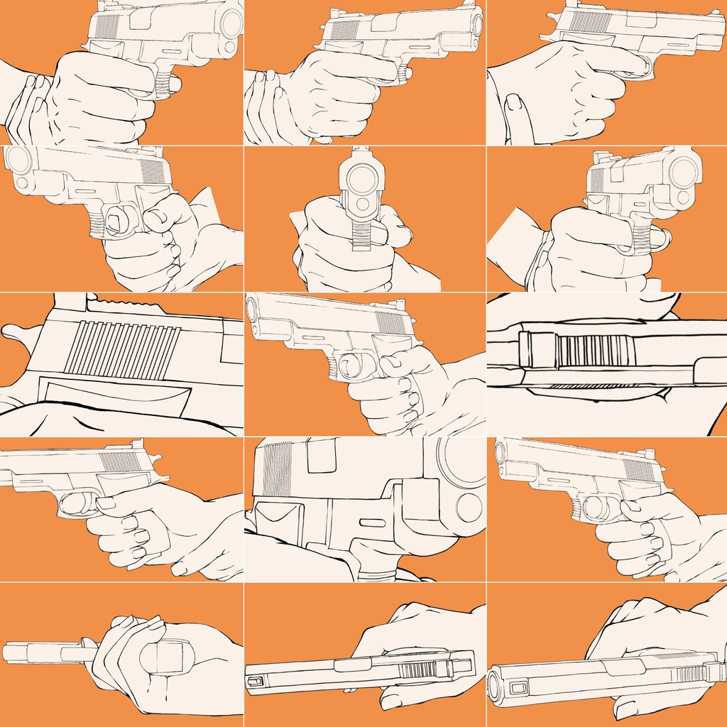 50.様々なアングルからの銃と手【イラスト・漫画用素材】無料サンプルございます