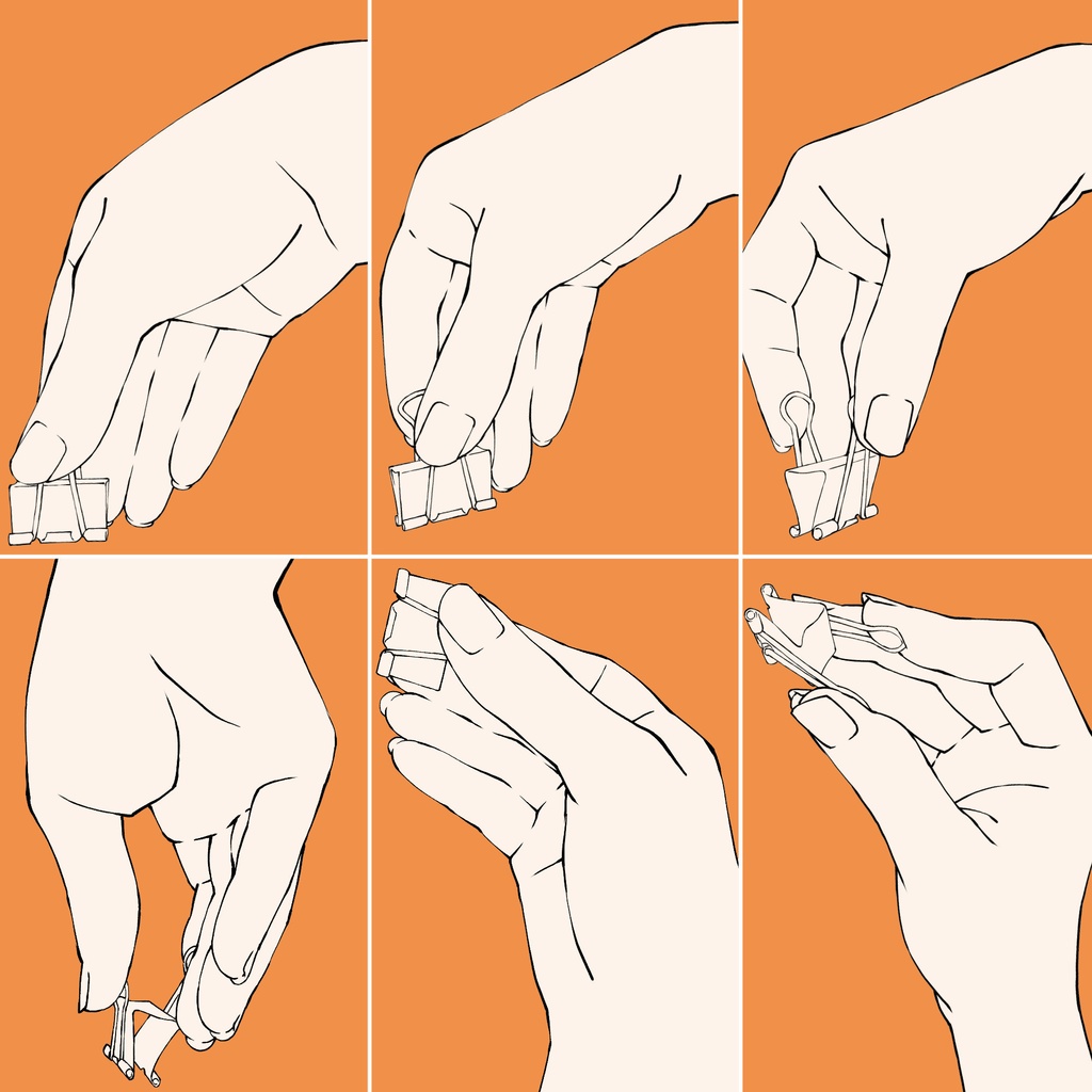 69.【無料フリー素材】様々なアングルからのWクリップを開いた手【イラスト・漫画用素材】