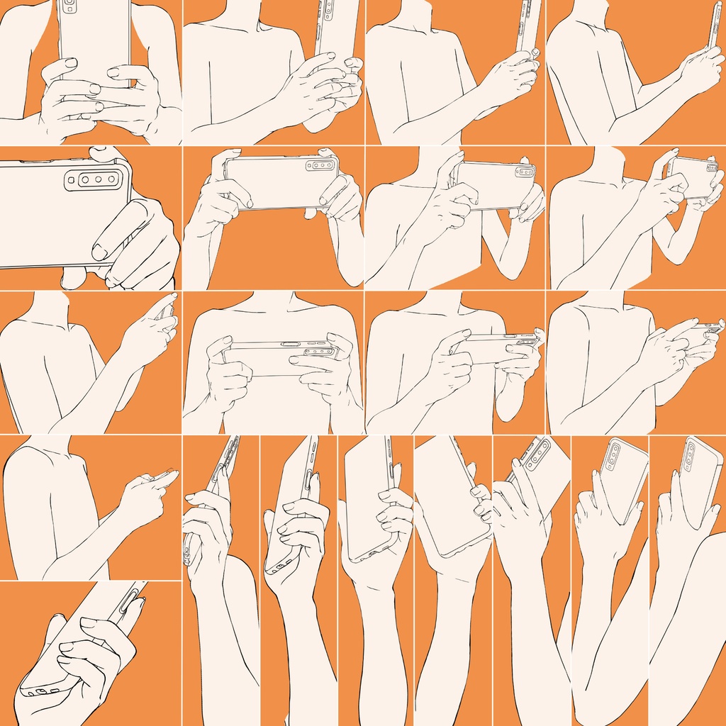 90.スマートフォンで写真を撮る・電話をする・動画を見る【イラスト・漫画用素材】無料サンプルございます