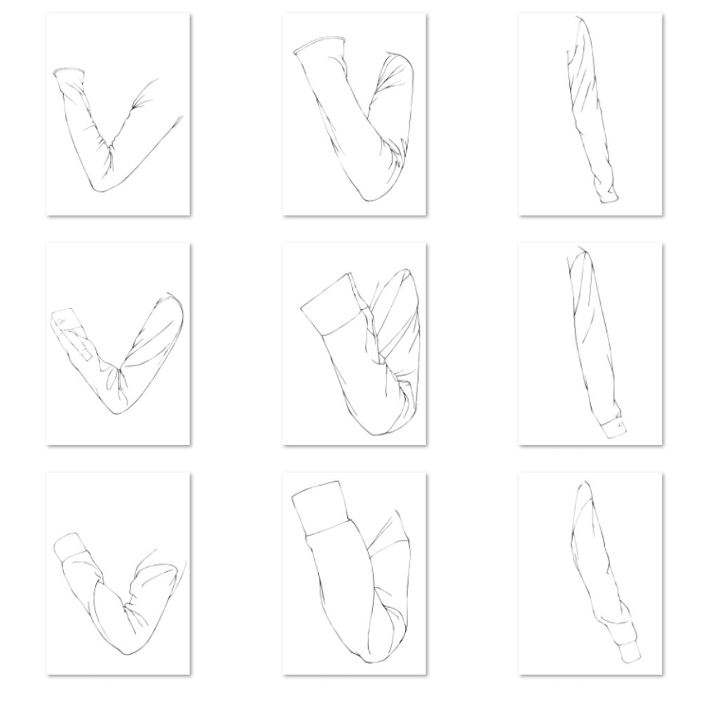 【無料】生地別・服のシワ描き分け資料集:5種の質感×3ポーズ(全15種)|厚み・硬さによる構造の違いを完全網羅【漫画・イラスト用】背景透過PNG&ClipStudio用データ:131