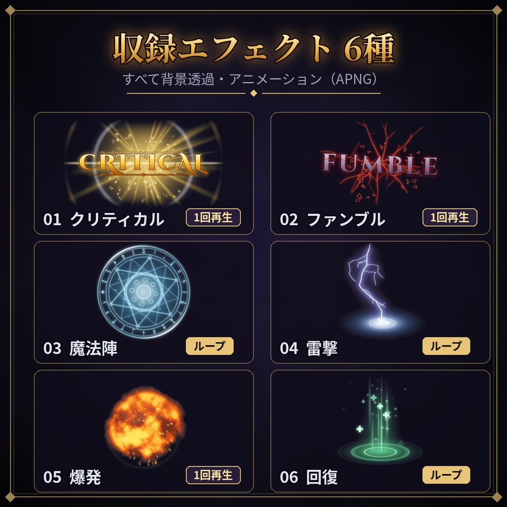 【ココフォリア対応】透過APNGエフェクト6種|クリティカル・ファンブル・魔法陣・雷・爆発・回復【TRPG素材】