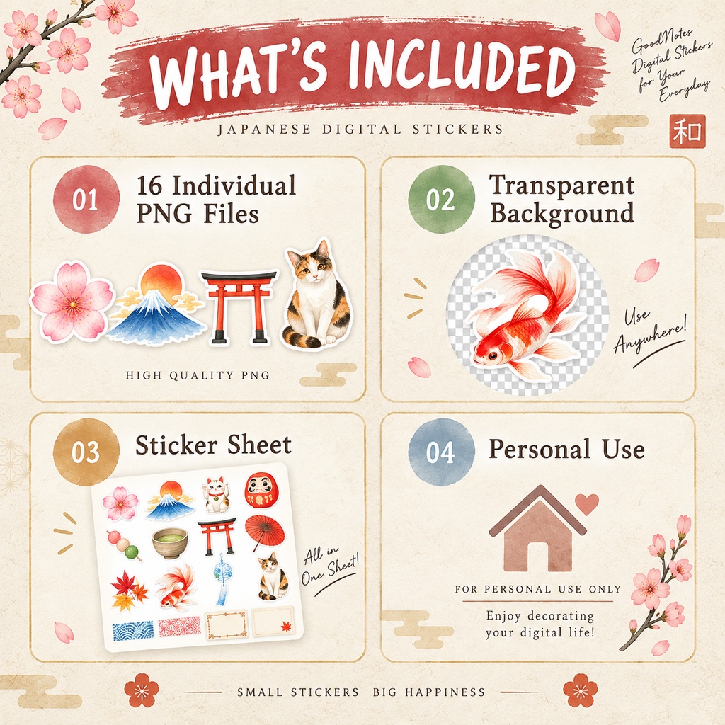 【無料】日本の四季 和柄デジタルステッカー16点|Japanese Wagara Stickers|GoodNotes・iPad手帳・背景透過PNG