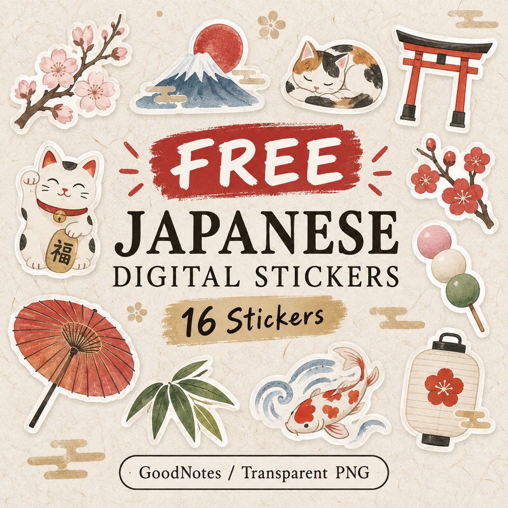 【無料】日本の四季 和柄デジタルステッカー16点｜Japanese Wagara Stickers｜GoodNotes・iPad手帳・背景透過PNG